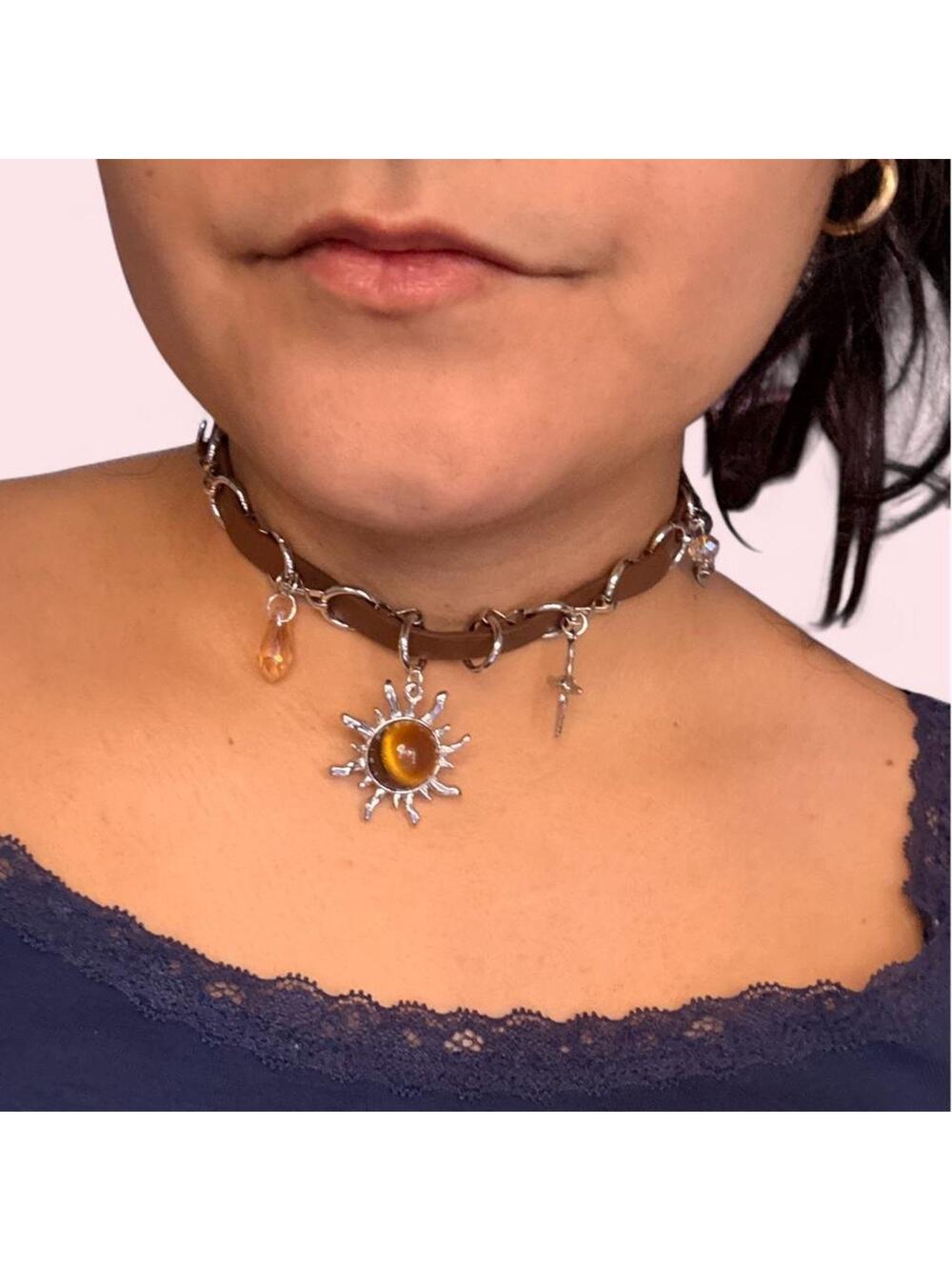 Fairycore boho brown choker with silver hardware dreamy amber sun charm whimsi